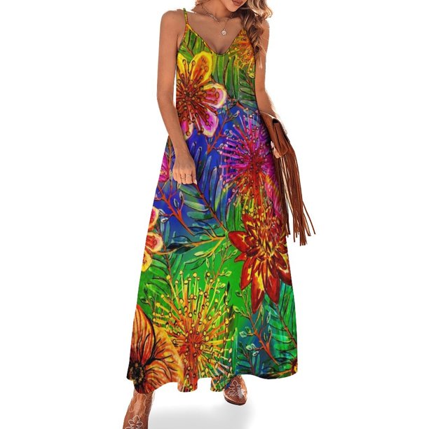 Vestido sin mangas con estampado de flores de la jungla exóticas tropicales vintage - Patrón de acuarela floral en #Redbubble Vestido de fiesta de noche