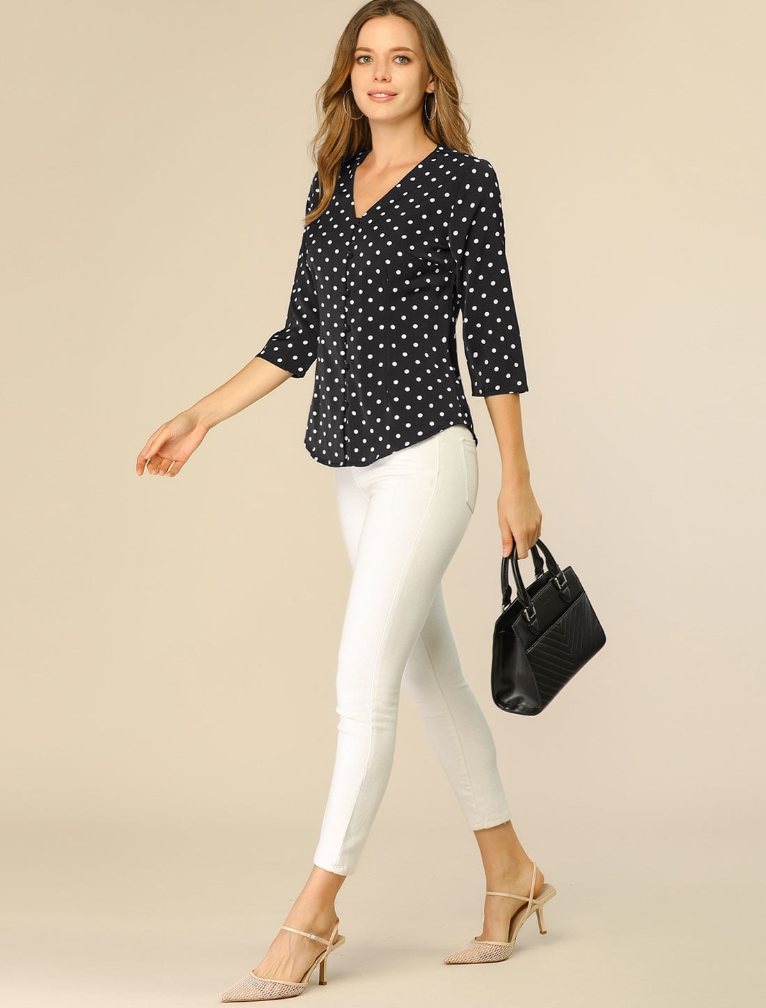 DARING DIVA Women's V Neck Polka Dots 3/4 Sleeve Casual Button Blouse XXL Black