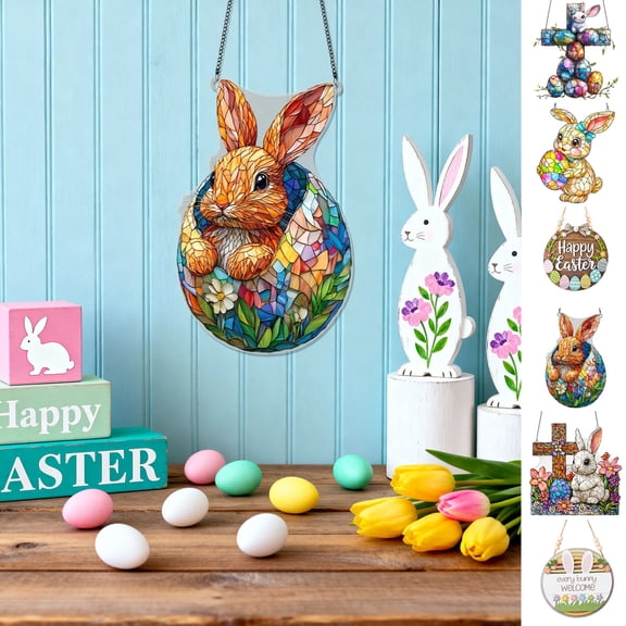 KOYPTL Acrylic Stained Glass Style Rabbit Window Hanging Ornaments,Artificial Lightweight Stained Glass Suncatcher for Home Doors Decor,2D Flat Rabbit Wall Decoration for Sunlit Space Easter Holiday