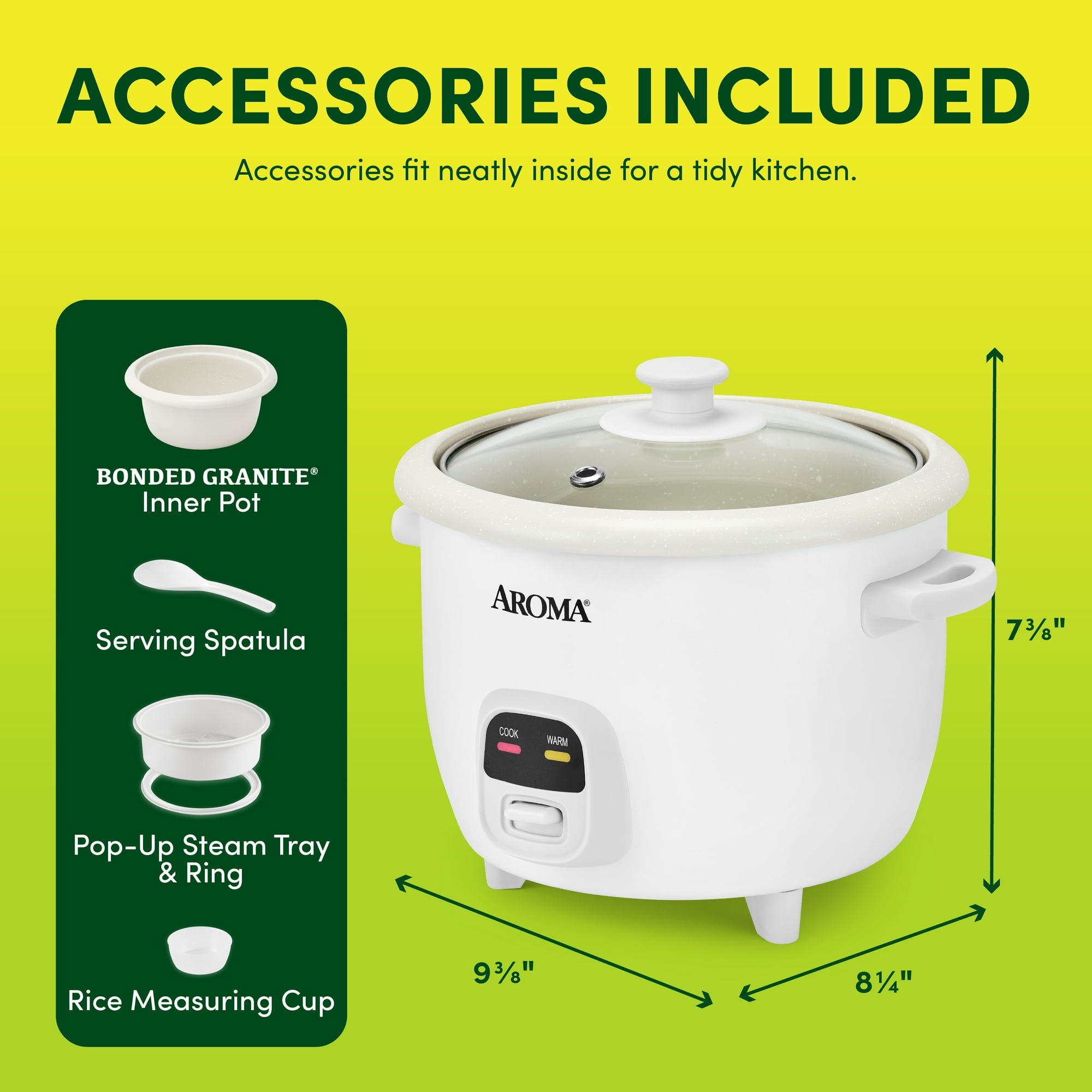 Restored AROMA® 6-Cup Rice Cooker & Food Steamer with Bonded Granite® Nonstick Ceramic & Pop-Up Steam Tray - White (Refurbished)
