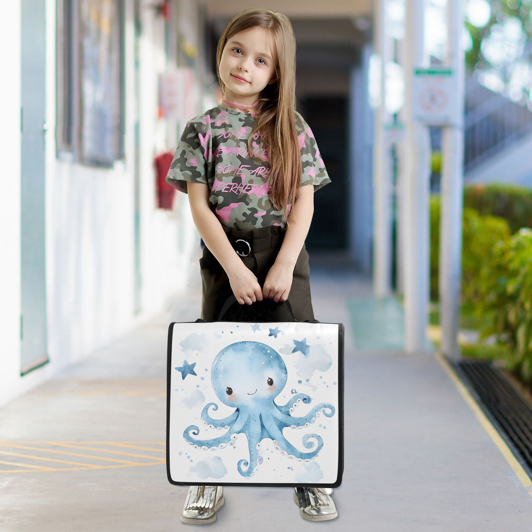 3 Ring Zipper Binder with Shoulder Strap Waterproof Trapper Keeper 2 Inch D-Ring 500 Sheets Capacity Cute Blue Octopus and Star