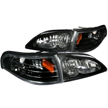 Euro Tail Lamps Crystal - Spec-D Tuning Euro Black 1994-1998 Ford Mustang Crystal Headlights + Turn Signal Corner Lamps (Left + Right) 94 95 96 97 98