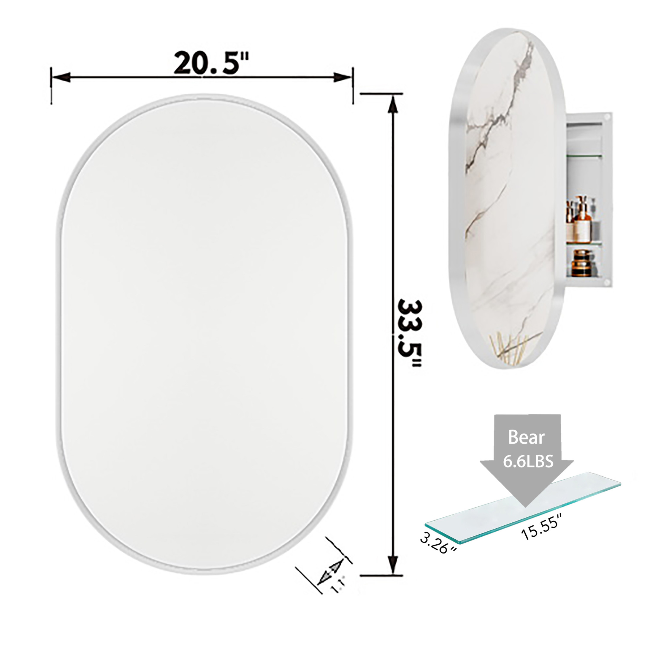 Noble House Oval Recessed Medicine Cabinet, Black Metal Frame Bathroom Mirror with Adjustable Shelves, White