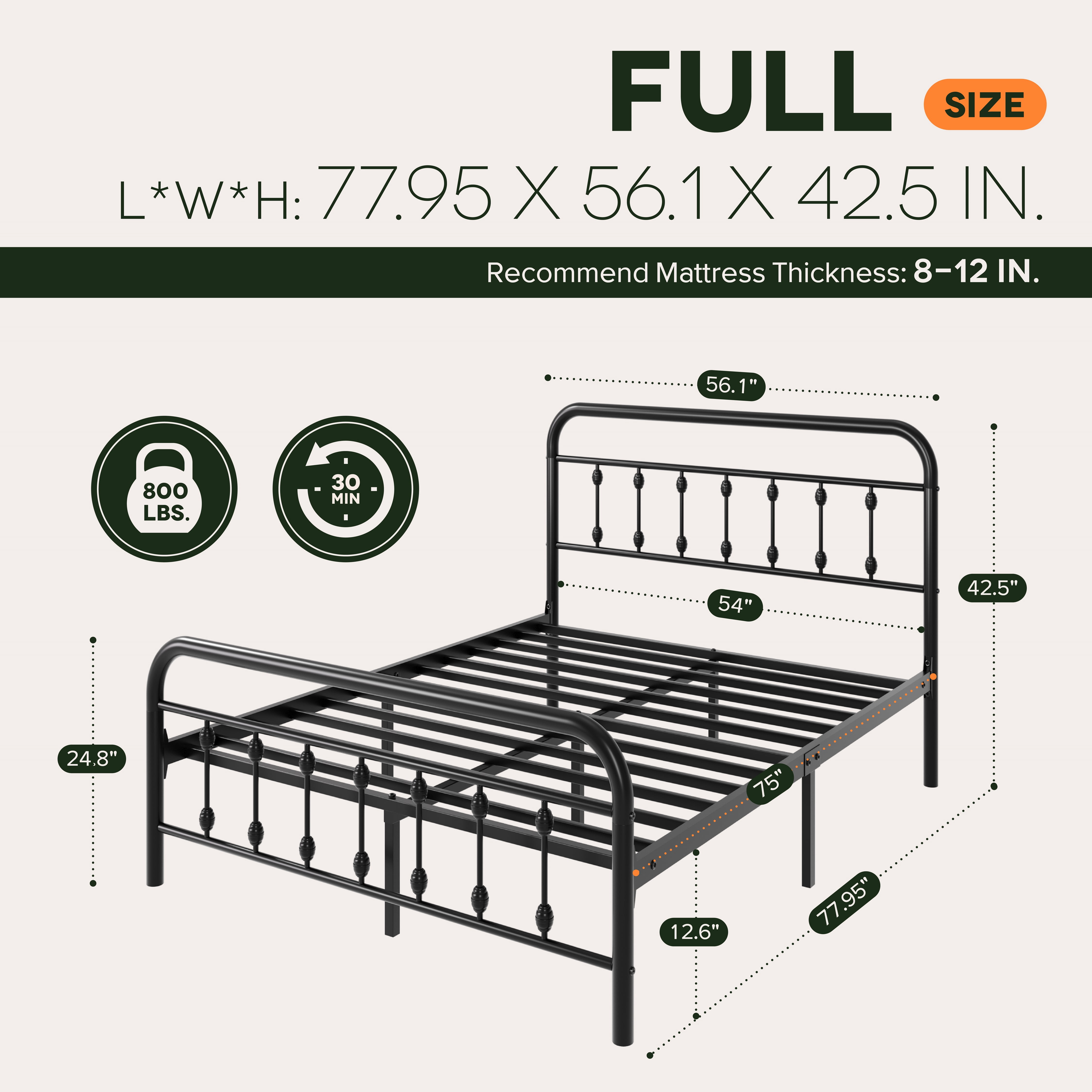 Einfach Full Bed Frame, Metal Platform Bed with Vintage Headboard, No Box Spring Needed, Heavy Duty, Black