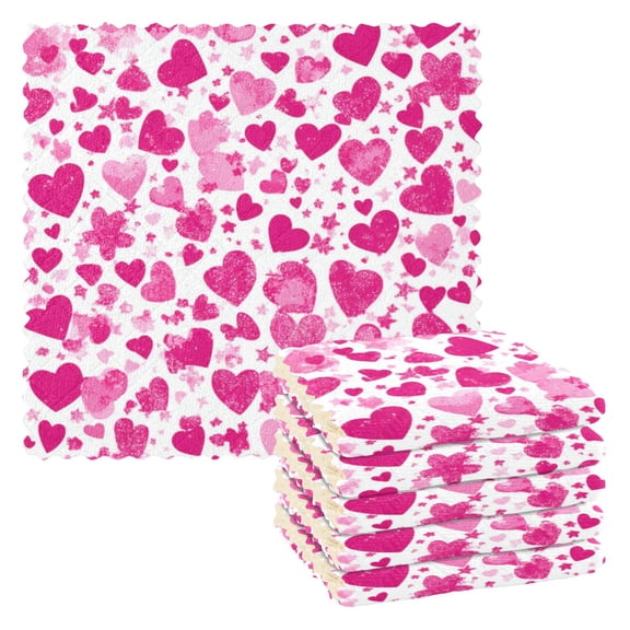 Pink Hearts All over The Screen Kitchen Cloth Dish Towels for Drying Washing Absorbent Dish Rags 6 Pack
