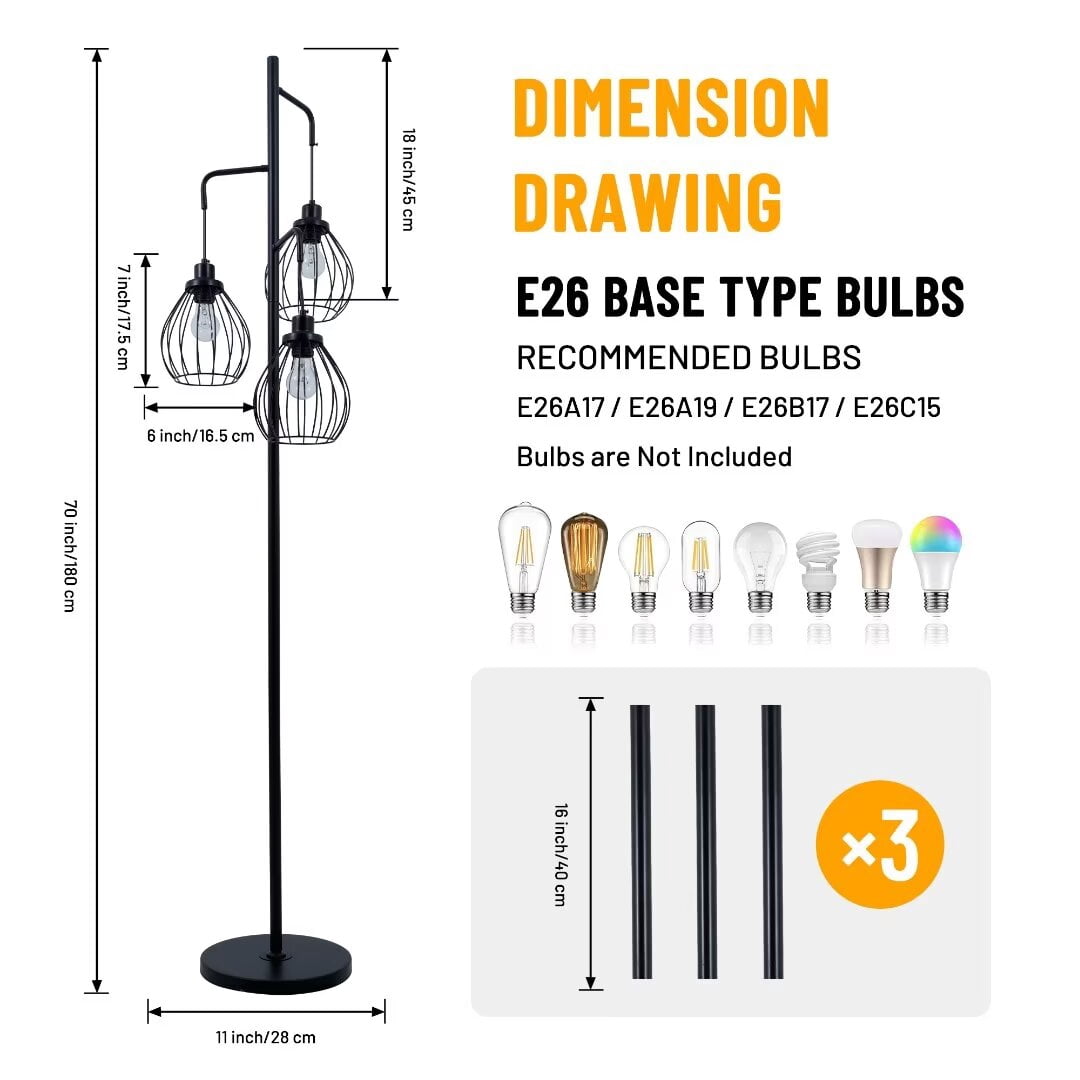 KPIBEST 3-light modern black floor lamp, 71-inch high pole standing reading lamp suitable for living room, bedroom