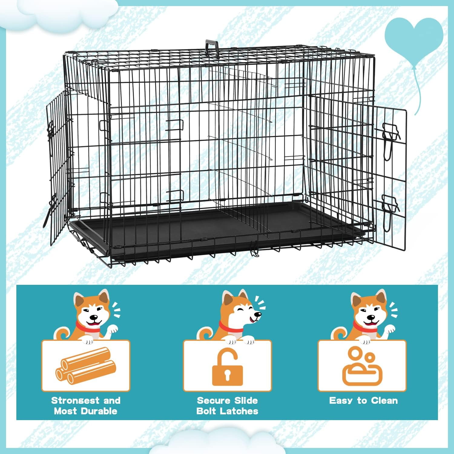 XF XINFENG 24" Heavy-Duty Foldable Metal Dog Crate for Small Dogs - Double-Door Design Dog Cage Kennel w/Divider, Tray & Handle (Black)