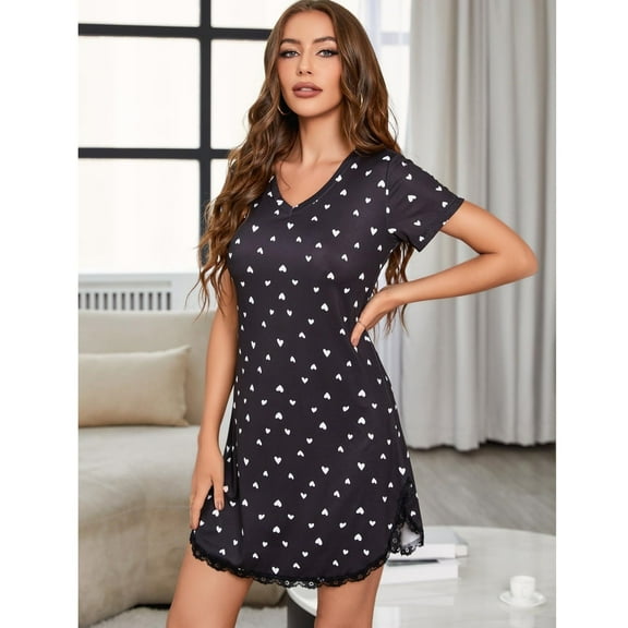 ebukurty Nightgowns for Women Lace Short Sleeves Heart Blac kPajamas, Sizes S/M