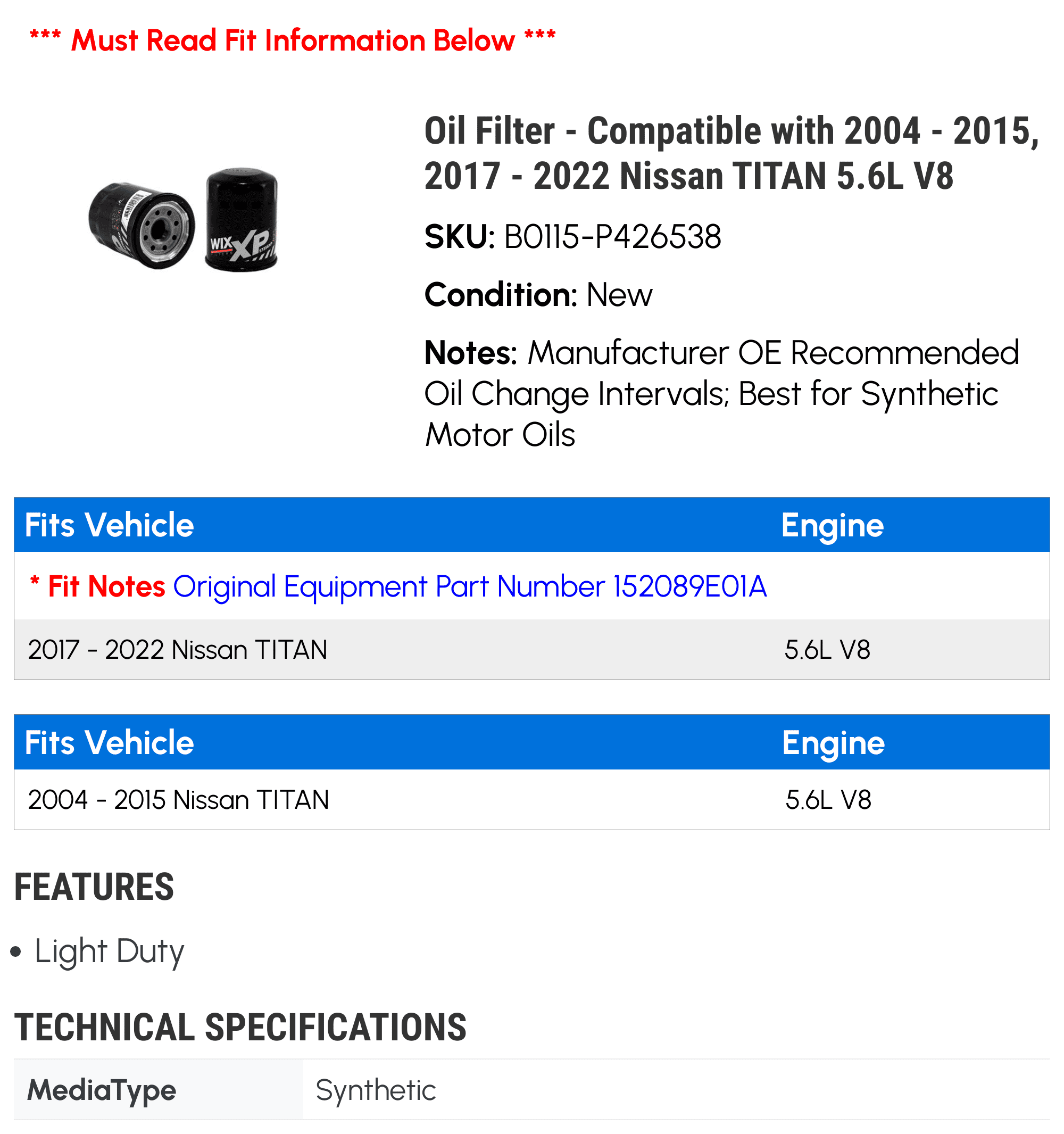 Oil Filter - Compatible with 2004 - 2015, 2017 - 2022 Nissan TITAN 5.6L V8 2005 2006 2007 2008 2009 2010 2011 2012 2013 2014 2018 2019 2020 2021