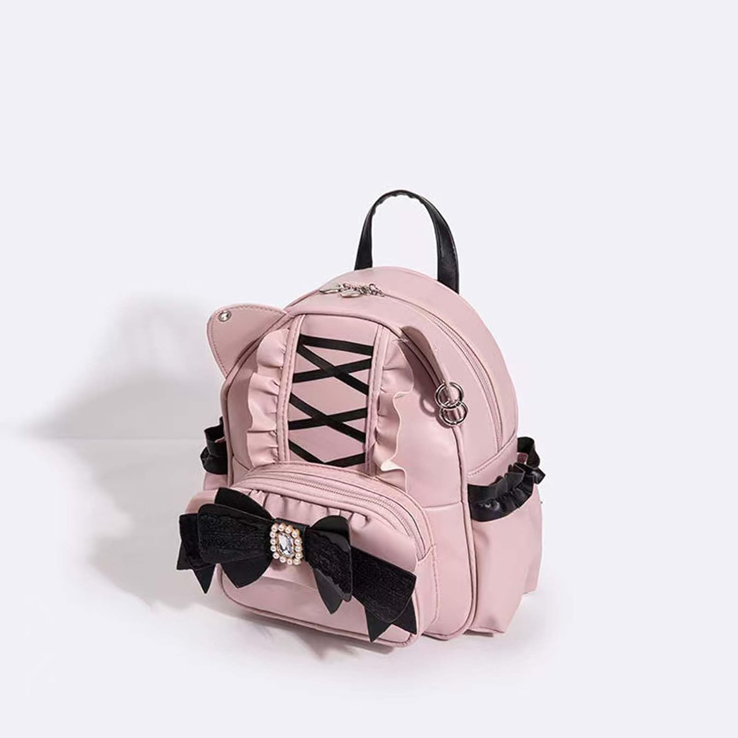 Baguery Kawaii Cat Ear Lolita Drawstring Backpack - Y2K Japanese Ins Style, Gothic Butterfly Bag with Corset Lacing (Black/Grey/Pink)​