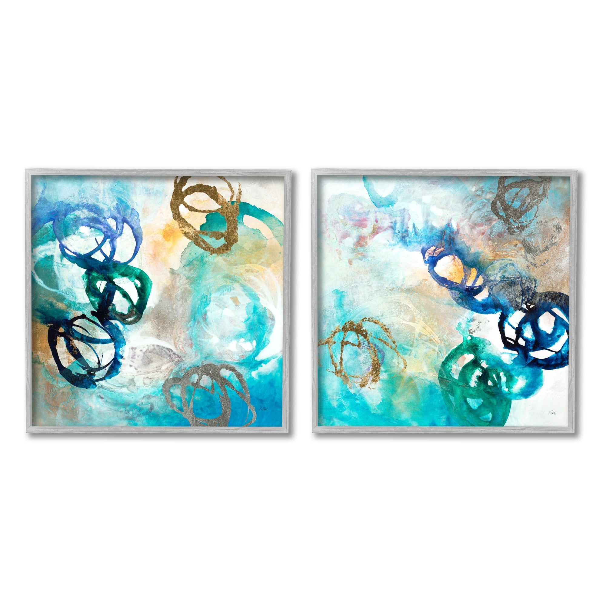 Stupell Industries Modern Shapes Overlay Painting Marine Blue Tones Painting Gray Framed Art Print Wall Art, Set of 2, Design by K. Nari