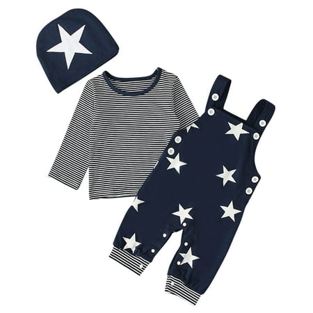 

Fridja Toddler Boy Outfis Star Print Pattern Long Sleeve Overalls Clothes Hat Three-piece Sute for 4th of July 0-3 Years Old