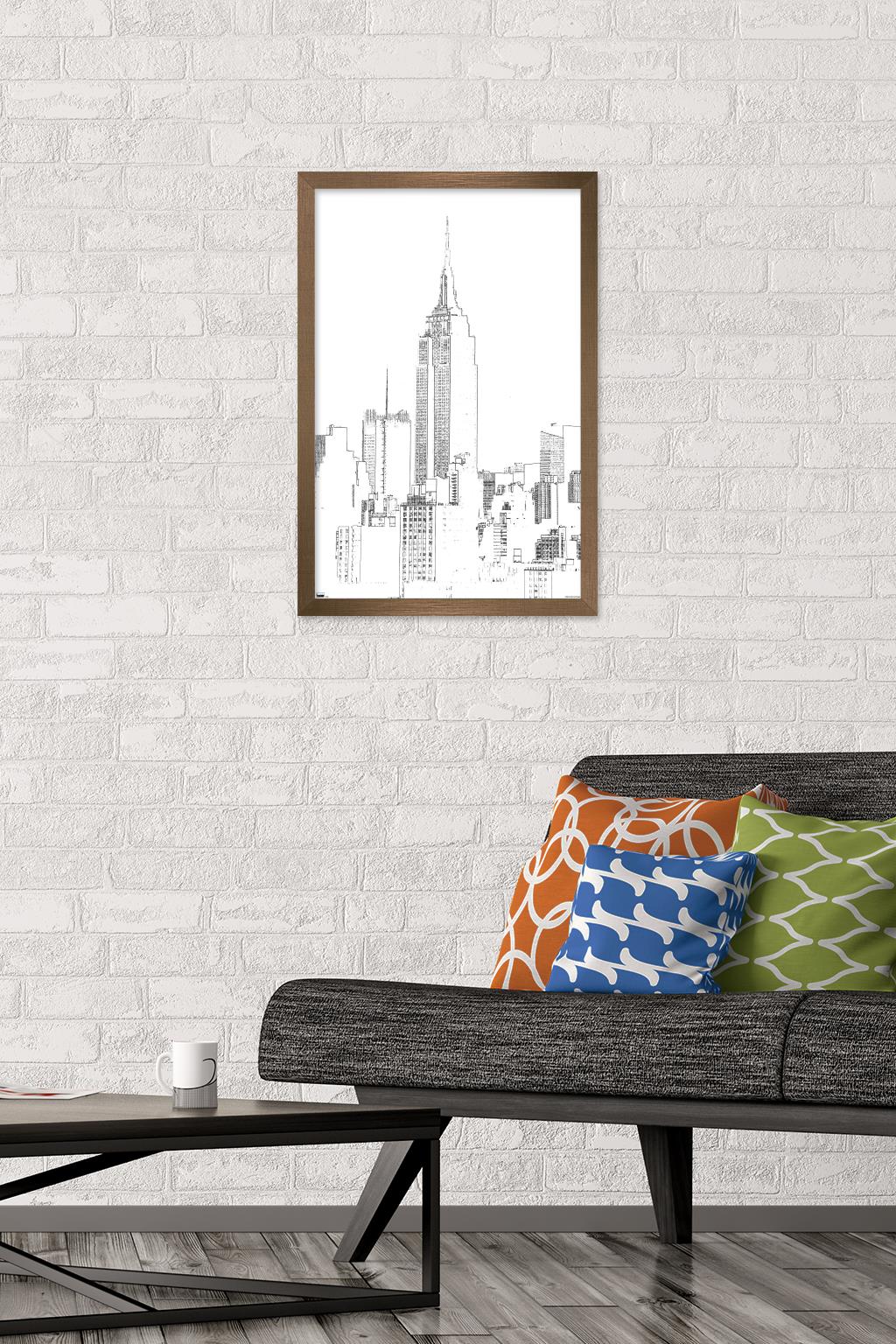 Line Art - New York Skyline Wall Poster, 14.725" x 22.375", Framed