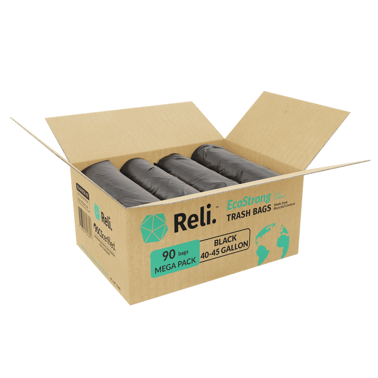 Reli. Eco-Friendly 40-45 Gallon Trash Bags (90 Bags) Recyclable 40 Gal - 44  Gal - 45 Gal Garbage Bags, Made of Recycled Material, Black Garbage Bags 