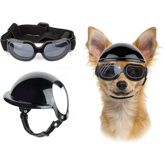 Dog Helmet and Goggles for Small Breed Dog, UV Protection Dog Goggles Helmet with Ear Hole, Dog Helmet with Goggles Set 2 Pack（Black,Small)