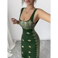 thumbnail image 3 of Dark Green Womens Elegant Square Neck Spaghetti Strap Backless Slit Hem Fitted Maxi Dress With Gold Embroidery, 3 of 7