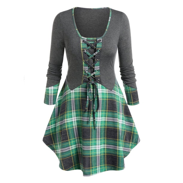 Camiseta de Falda de Encaje de Cuadros de Talla Grande Rosegal Mangas largas de talla grande