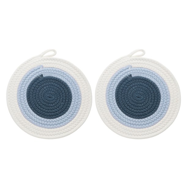 2Pcs Manteles Individuales Redondos Trenzados, 9.4" Manteles Tejidos para Mesa de Cocina con Gancho para Decoración de Granja (Azul)