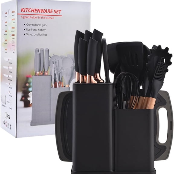 19 Piece Kitchen Utensils Set, Knife and Kitchen Utensils Set, Silicone Spatula Set with Wooden Handle