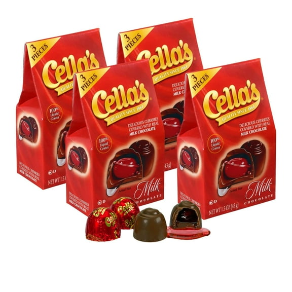 Cella's Milk Chocolate Covered Cherries, 1.5 oz (Pack of 4) - Liquid Center Cherry Cordials, Individually Wrapped Valentines Day Candy, Party Favors Gifts Basket Stuffers w/LaPrima Morceau Bonbon