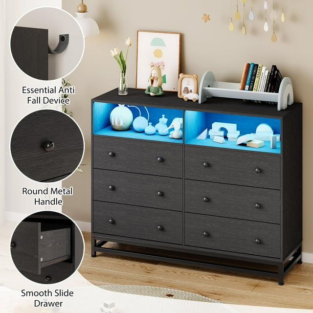 BeesClover Commode Moderne avec Éclairage DEL RVB, Station de Recharge 4 AC + 2 USB, 6 Tiroirs Spacieux, Pattes en MDF et Métal Durables, Assemblage Facile, Rangement Multifonction pour Chambre/salon