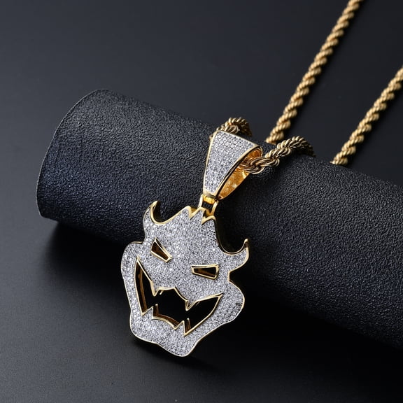 Iced Out Yaksha Ghost Big Pendant Necklace, Gold Plated Full CZ Diamond Halloween Jewelry, Unique Hip Hop Jewelry for Men