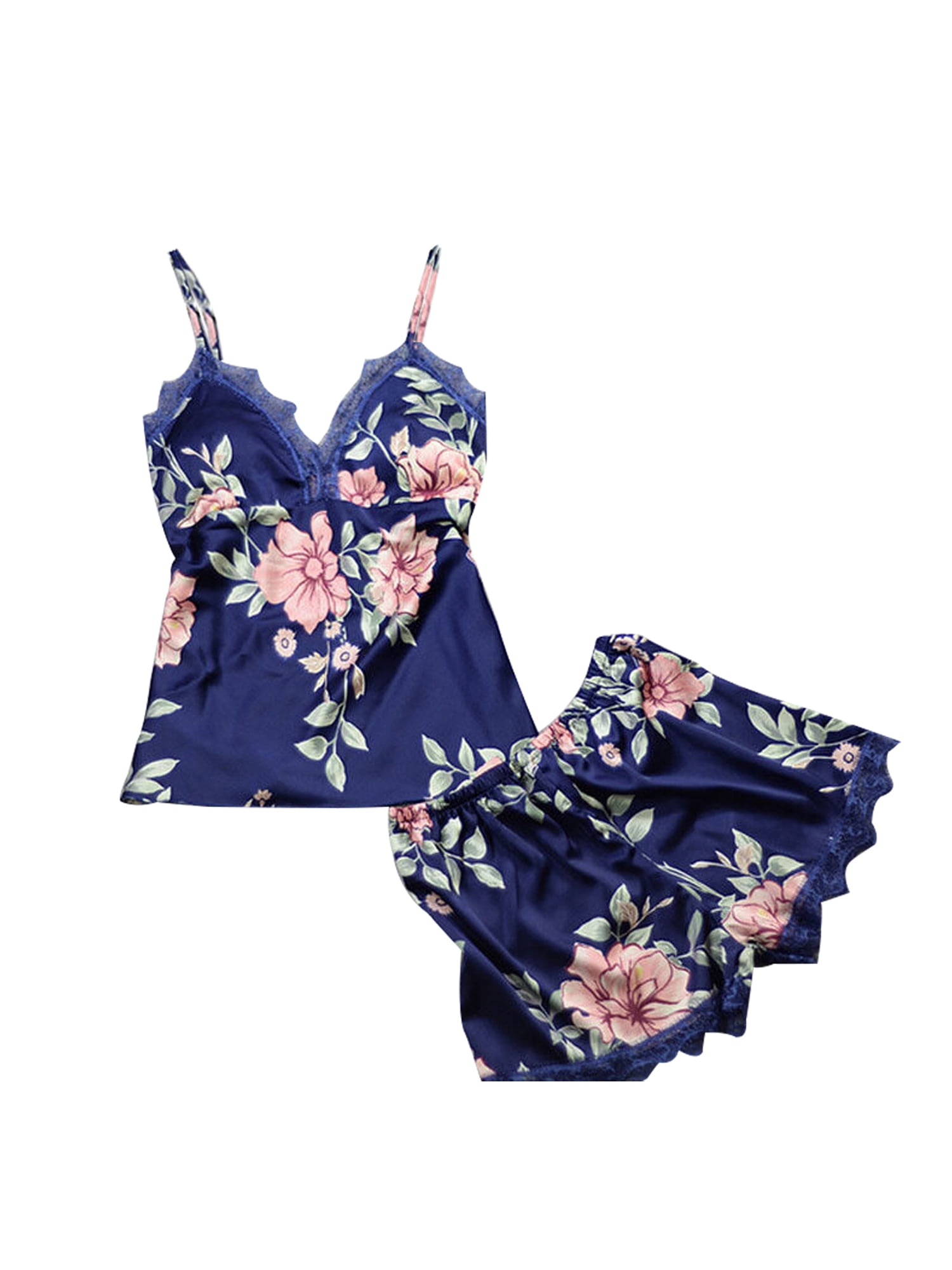 DuAnyozu 2Pcs Women Satin Silk Sleepwear Lace Floral Pyjamas Sets ...