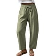 thumbnail image 5 of Tqcoqu Women's Wide Leg Casual Pants with Pockets,Linen Blend Elastic Drawstring Waist Cropped Loose Pants,Army Green Women's S-XXL, 5 of 10
