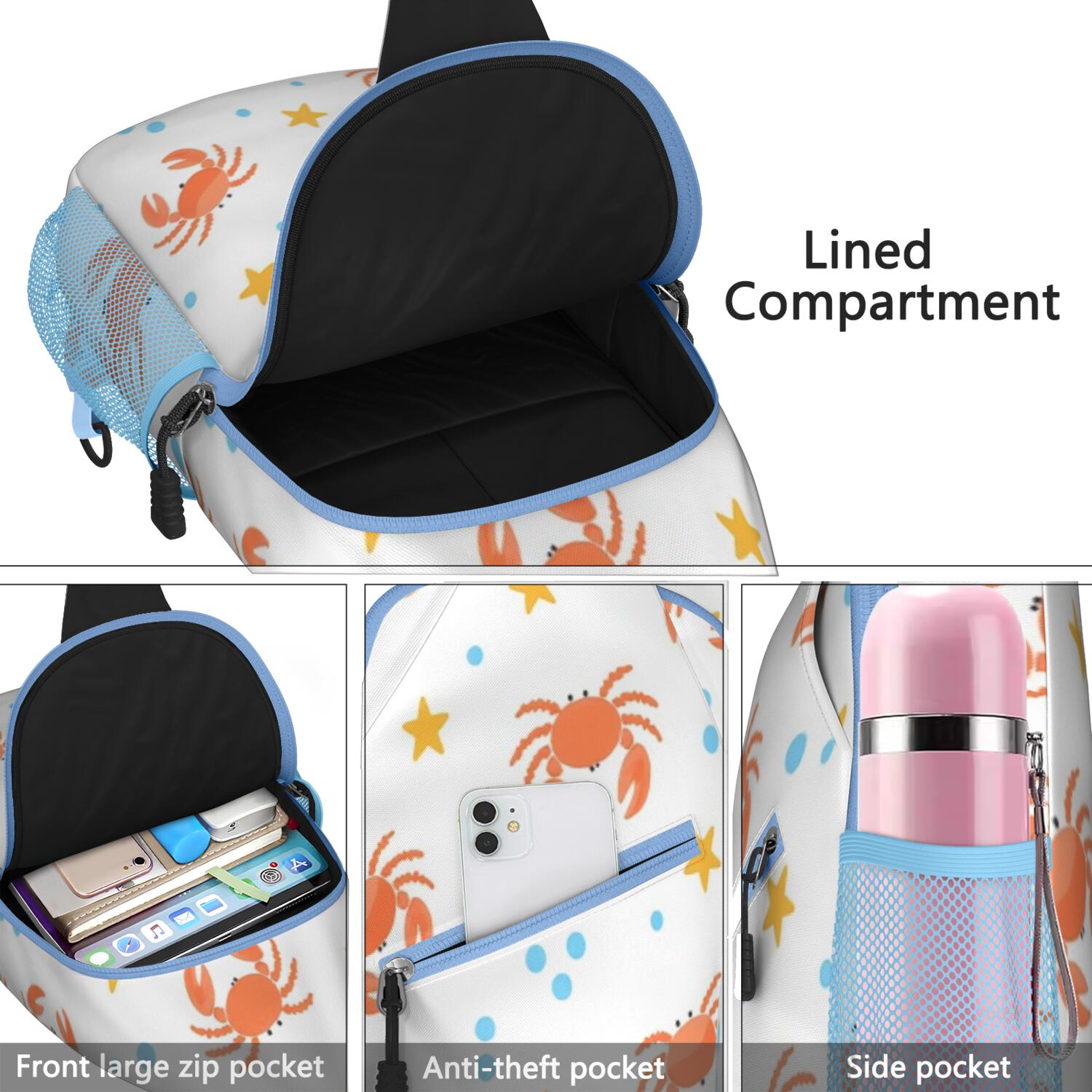 Marine Adorable Crab Crossbody Sling Bag for Women Men Fashion Backpack Crossbody Shoulder Bag Lightweight Hiking Sling Pack