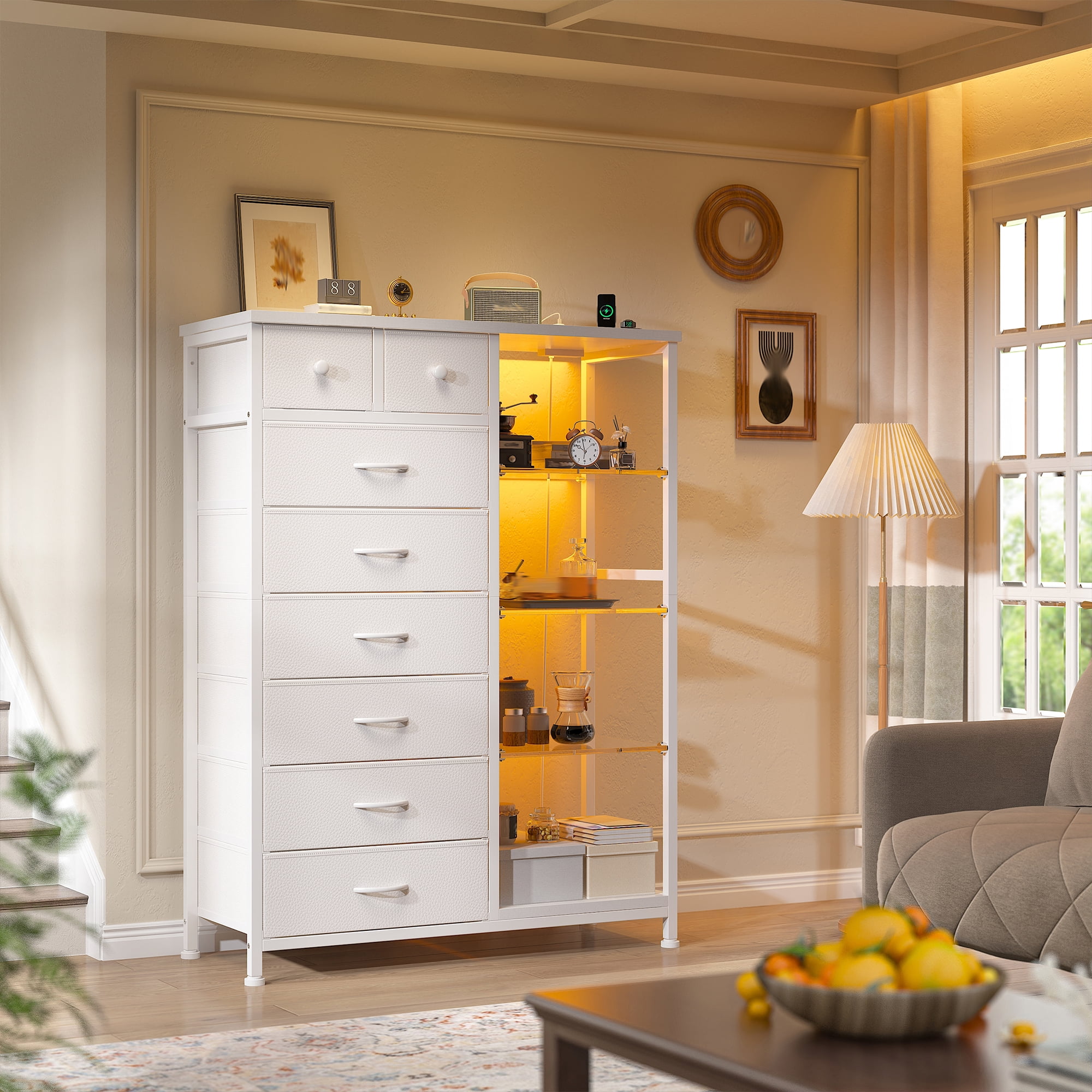 EnHomee White Dresser for Bedroom with Acrylic Open Shelves & Charging Station Tall Dresser with 8 Fabric Drawers & LED Lights
