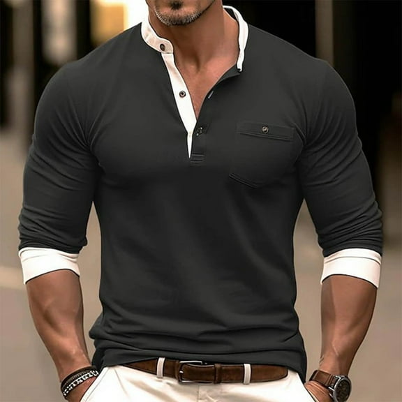 Delliss Men's Fall Long Sleeve Button Top Solid Color Basic Stylish Blouse Black M