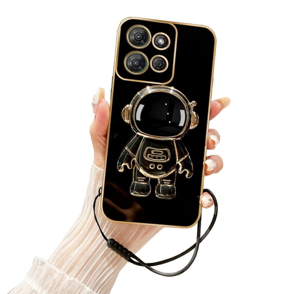 Annyojo Case for Motorola Moto G Power 2025 with 6D Plating Astronaut Hidden Stand and Lanyard Strap Soft TPU Shockproof Protective Cover for Moto G Play 2025 Phone Case, Black