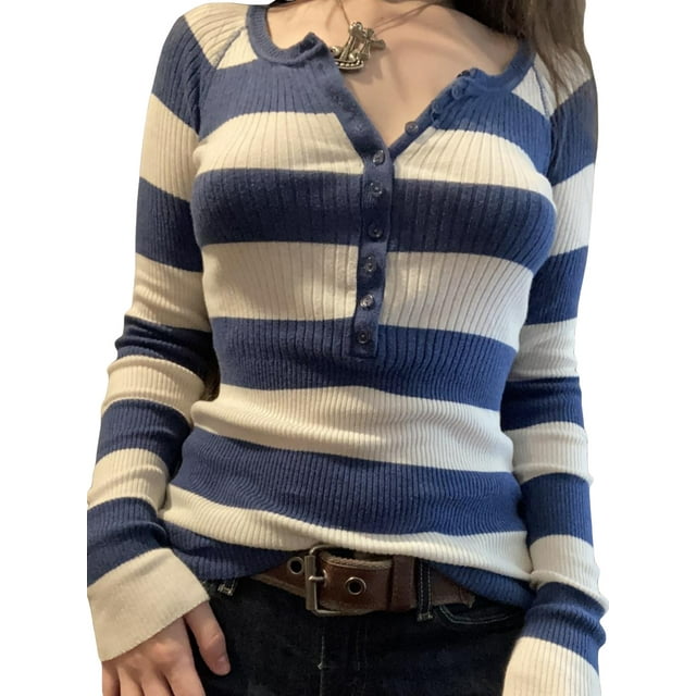Fortune Women Striped Knitted Pullover Long Sleeve Slim Tops Casual Contrast Color Tops