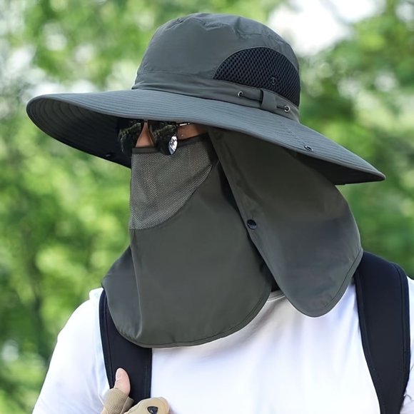 YOPTOP Premium Cool Extra Wide Brim Fisherman Hat Protection Breathable Sun Hat with Mask & Neck Flap Ideal for Summer Fishing Hiking and Outdoor Sports,Army Green,none
