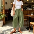 thumbnail image 5 of Wide Leg Capri Pants Women Flowy Cotton Drawstring Elastic Waist Cropped Pants Summer Casual Boho Beach Pants with Pockets Mint Green, 5 of 9