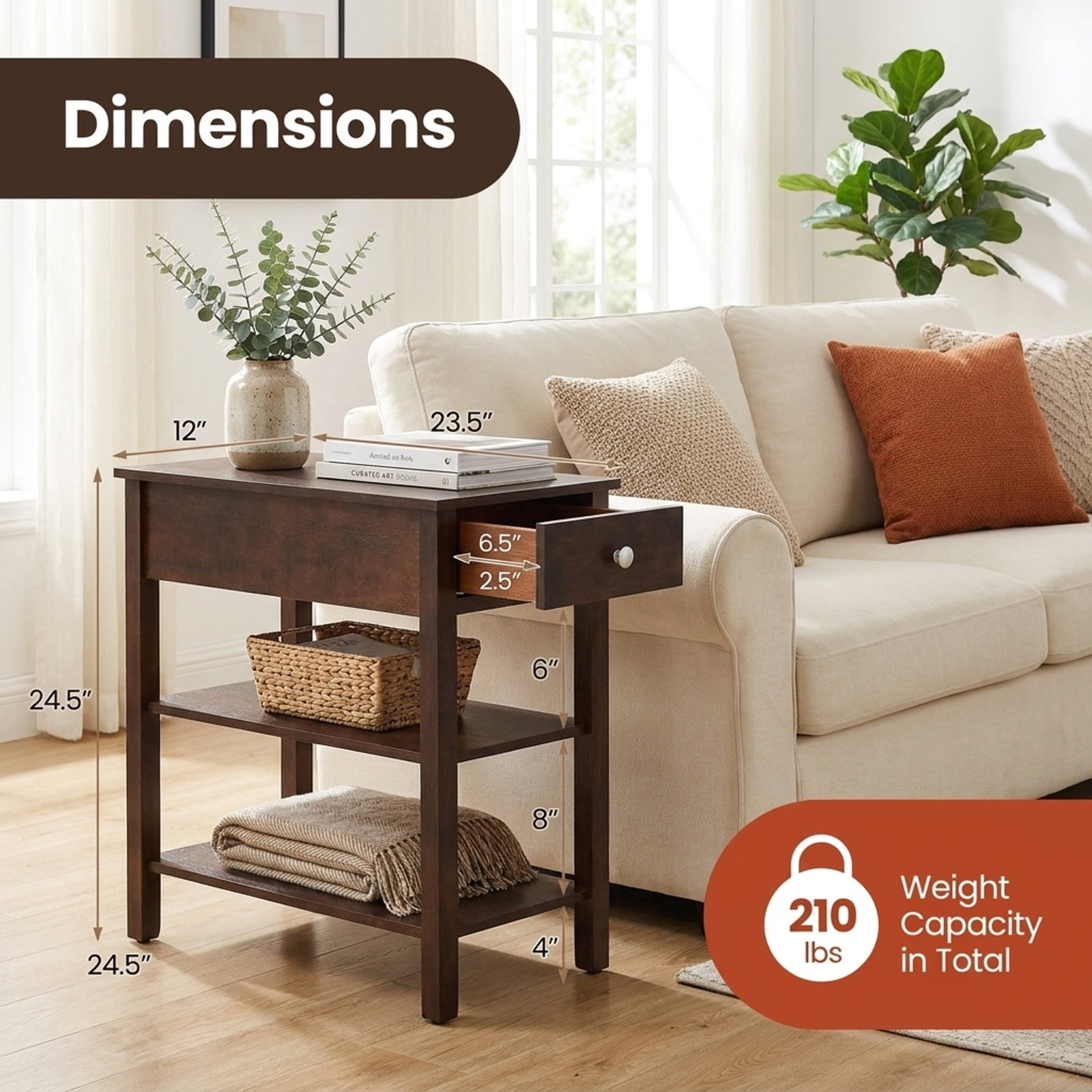 Furnibear 3 Tier Narrow End Table Set of 2 with Pull Out Drawer and Open Storage Shelves and Rubber Wood Legs for Bedroom Living Room, Walnut