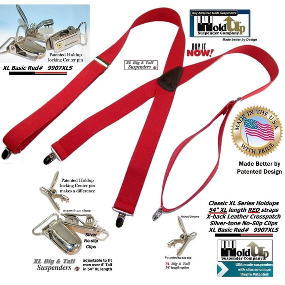 Holdup Brand Classic Series Red X-back XL Suspenders with Patented No-slip Clips