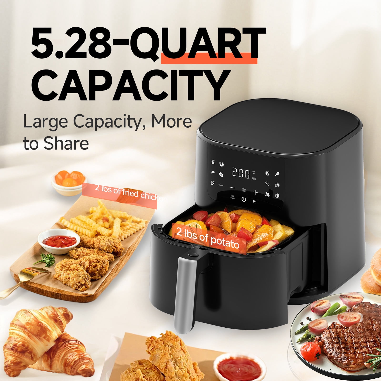 LUCKLIFE 5.28 Qt Capacity Air Fryer with Shake Remind  , 11 Presets Fry Touch Panel , Max 400F for Cooking,Black