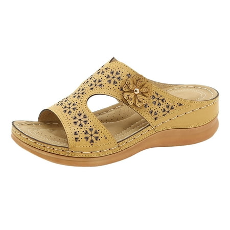 

SEMIMAY Women Sandals Summer New Pattern Roman Sandals Fashion Casual Large Wedge Comfortable Flower Embellishment Shoes Yellow