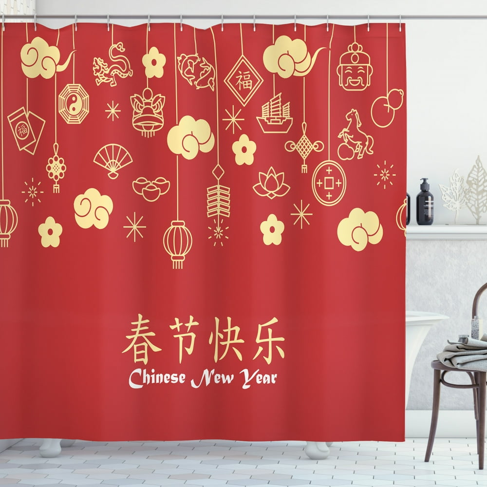 Chinese New Year Shower Curtain, Oriental Celebration Icons Swirling
