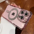 thumbnail image 2 of Luxury Pink Diamond Glitter Clear Plating Case For IPhone 15 11 12 13 14 Pro Max Plus Magsafe Magnetic Wireless Charging Cover Gold For iPhone 13, 2 of 6