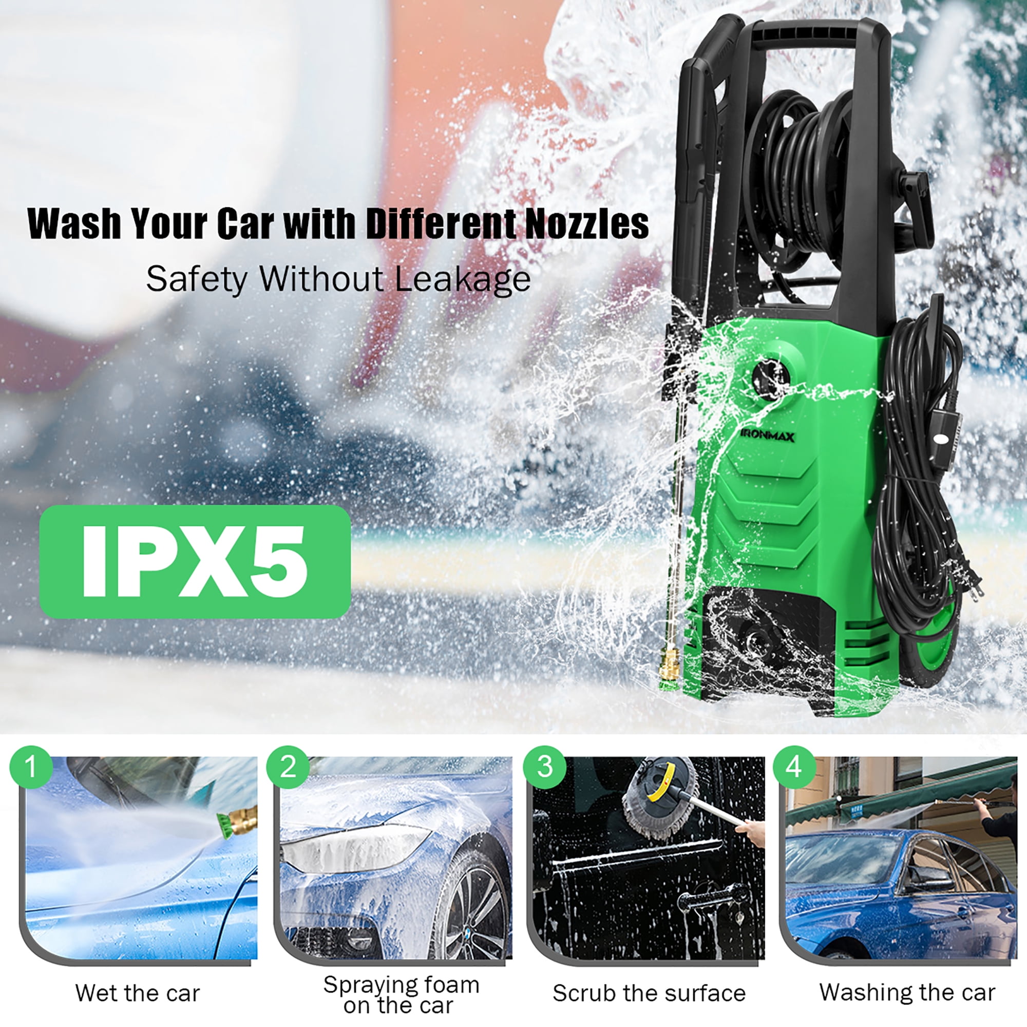 IronMax 3500PSI Electric Pressure Washer 2.6GPM 1800W w Wheels 4 Nozzles Foam Lance