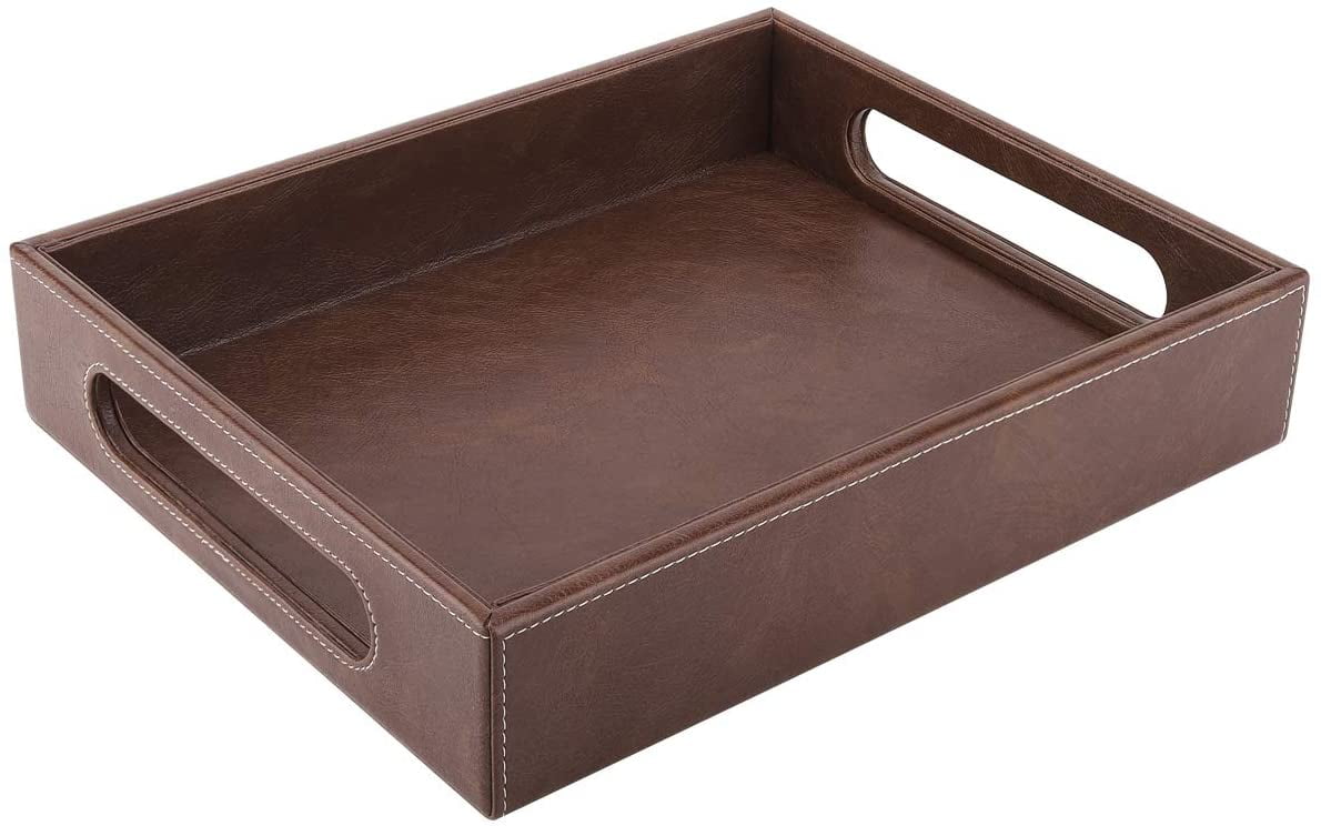 Finydr Valet Tray with Handles, 15"x9" PU Leather Ottoman Serving Tray