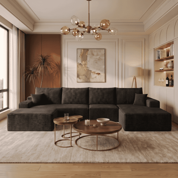 CKEASEAN 135" Corduroy Oversized U Shaped Modular Cloud Couch Sectional, Boneless Sectional Sofa with Right Facing Chaise & Ottoman, Compressed Boneless Couch for Living Room, No Assembly Required