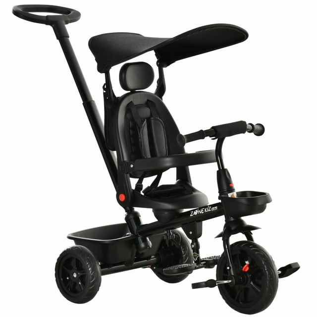 Qaba Tricycle pour Enfants 4 en 1 Tricycle avec Siège Réversible à Angle Ajustable Poignée Amovible Auvent Main Courante Ceinture Rangement Repose-Pieds Frein Embrayage pour 1-5 Ans Noir