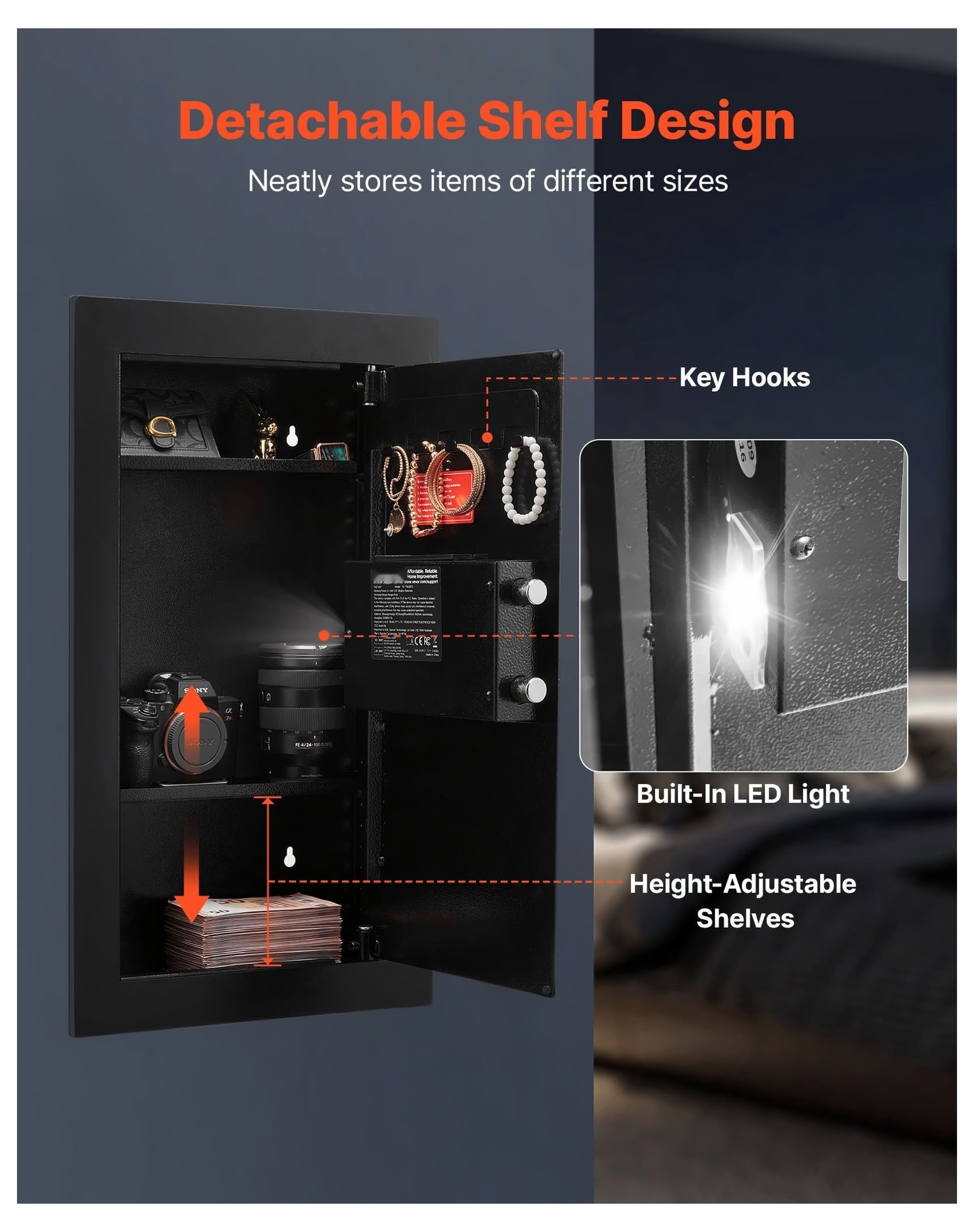 Wall Safe, Hidden In-Wall Safe with Password & Key Lock, 3-Tier Steel Security Box with LED Light, Adjustable Shelves & Key Holders for Cash, Jewelry, Passport - Black