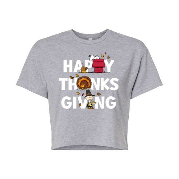 Peanuts - Happy Thanksgiving Icons - Juniors Cropped Cotton Blend T-Shirt