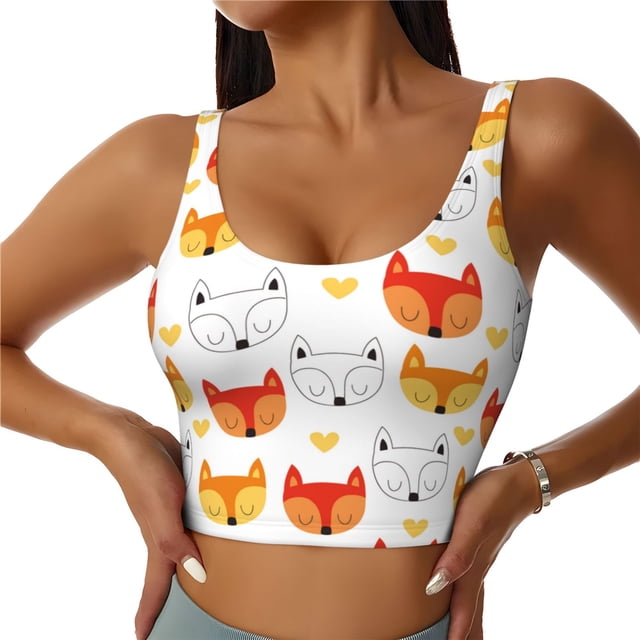 Balery Cute Fox with Heart Sujetadores deportivos con espalda cruzada para mujer, acolchados, sin costuras, de alto impacto, ideales para yoga, gimnasio, entrenamiento y fitness.-Large
