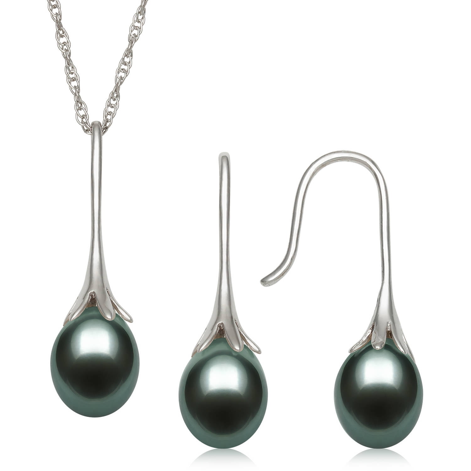 8-9mm Drop Tahitian Black Pearl and Sterling Silver Pendant and Earring Set, 18" by China Pearl