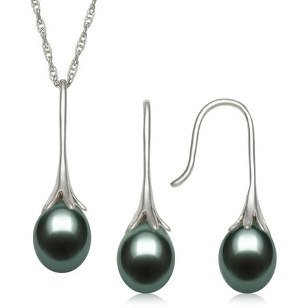 8-9mm Drop Tahitian Black Pearl and Sterling Silver Pendant and Earring Set, 18
